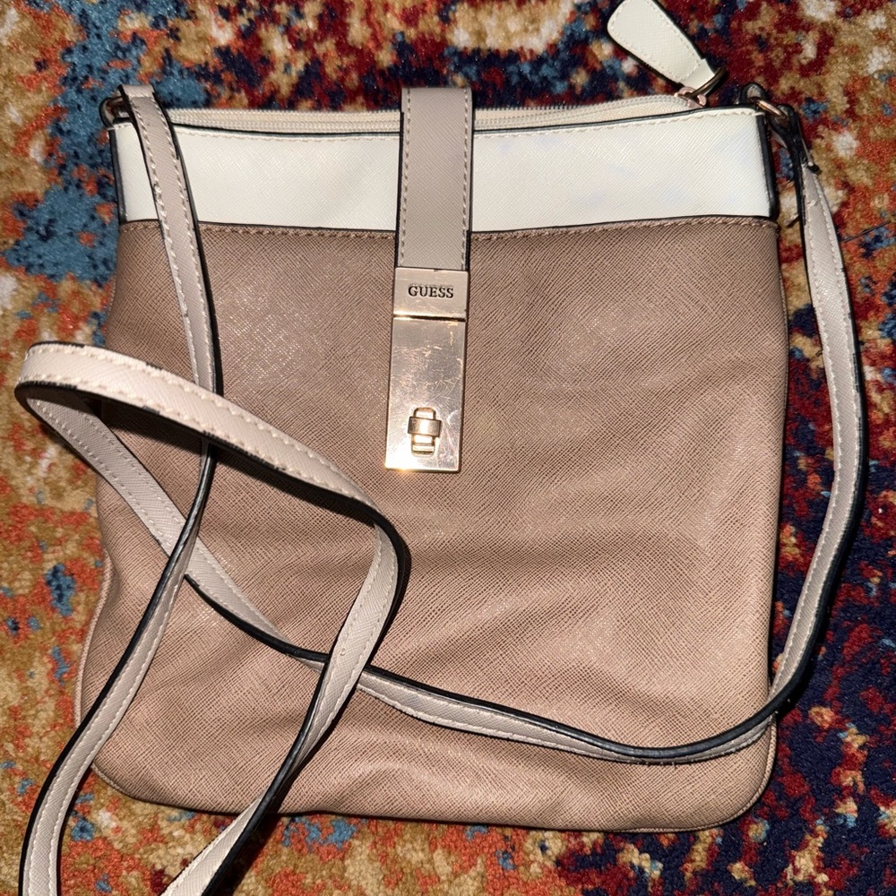 GUESS Taupe and White Crossbody Bag